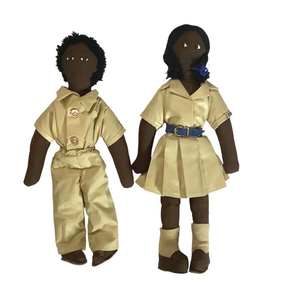 Handcrafted Jamaican Cloth Dolls Set Of 2 Embroidered Details Button Accents - Picture 1 of 6